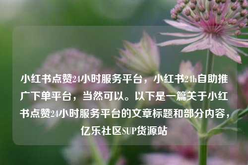小红书点赞24小时服务平台，小红书24h自助推广下单平台，当然可以。以下是一篇关于小红书点赞24小时服务平台的文章标题和部分内容，亿乐社区SUP货源站  第1张