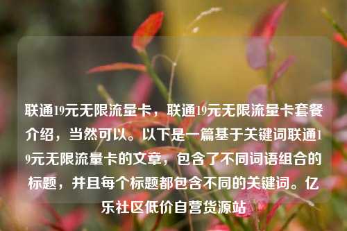 联通19元无限流量卡，联通19元无限流量卡套餐介绍，当然可以	。以下是一篇基于关键词联通19元无限流量卡的文章	，包含了不同词语组合的标题，并且每个标题都包含不同的关键词。亿乐社区低价自营货源站  第1张